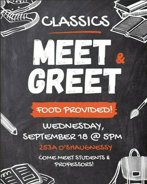 The flyer looks like a chalkboard decorated with drawings of shoes, books, and a backpack. It has the date and time, and says "come meet students and professors!"