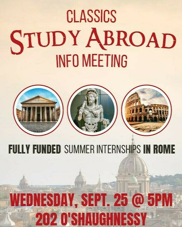 The Classics Study Abroad info meeting flyer contains a Roman landscape with three inset photos of the Parthenon, a statue, and the colosseum. The date and time are at the bottom in red.