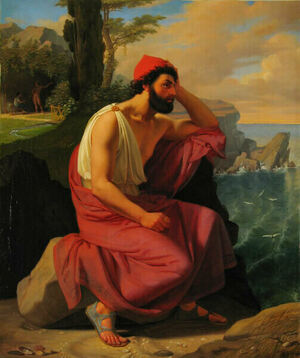 The picture is of an old painting of Odysseus sitting on a rock, looking over the ocean towards his home. Calypso and Hermes talk under a tree in the background.