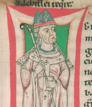 Medieval illustration of a bishop, likely from a manuscript. He wears a mitre and holds a crosier, a stylized shepherd's crook. He's depicted against a green background with red and white vertical borders.