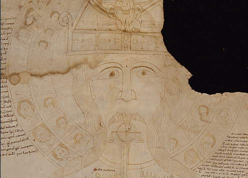 Fragment of a medieval manuscript depicting a crowned figure with long, braided hair, holding scales. Smaller figures and text encircle the central image.