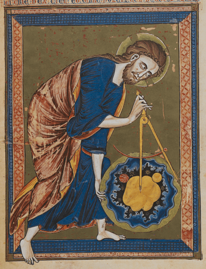 Medieval illuminated manuscript depiction of God creating the universe. A bearded figure in blue and rust robes bends over a golden and blue celestial sphere, using a compass to measure or shape it. He has a gold halo. The image is bordered in patterned blue and rust.