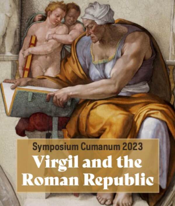 The Cumaean Sibyl, a figure from Greco-Roman mythology, sits reading from a large book. Two youthful figures look on behind her. Text overlay reads "Symposium Cumanum 2023 Virgil and the Roman Republic".