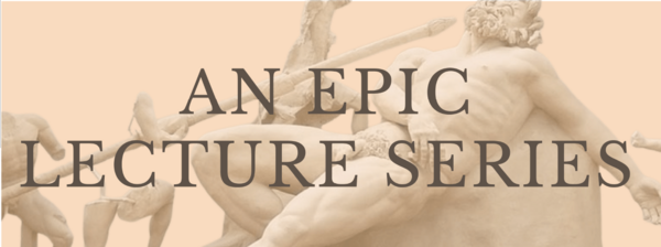 Classical statues on a peach background with the text "An Epic Lecture Series" overlaid.