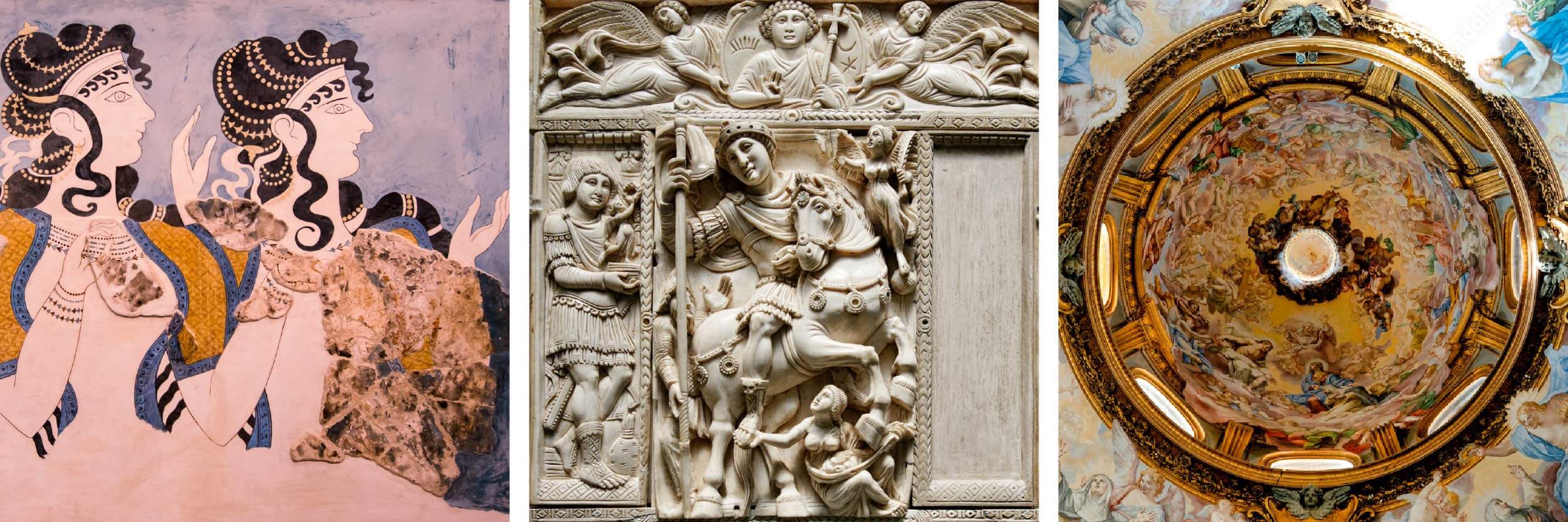 A triptych featuring three distinct images: a fresco fragment of two women with dark hair and ornate jewelry, a carved ivory panel depicting a crowned figure on horseback, and a painted dome ceiling with elaborate gold ornamentation and figures.