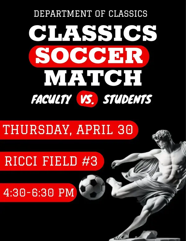 Black and red poster with white text describing Classics Soccer Match with a statue kicking soccer ball