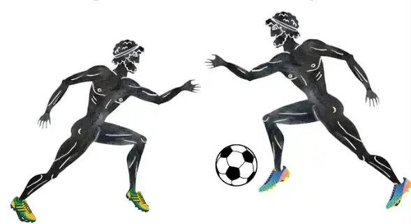 Two figures in ancient Greek style, playing soccer, with colorful athletic shoes.